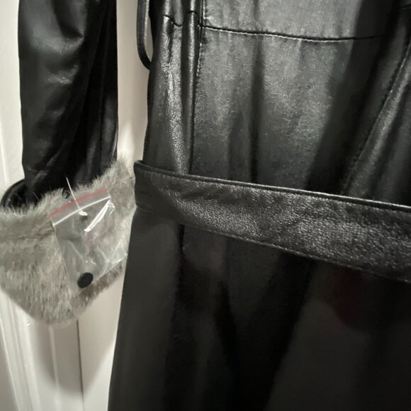 Vintage Newport News Leather Faux Fur Steampunk Goth Punk Belted Y2K Long Coat S - Picture 8 of 13